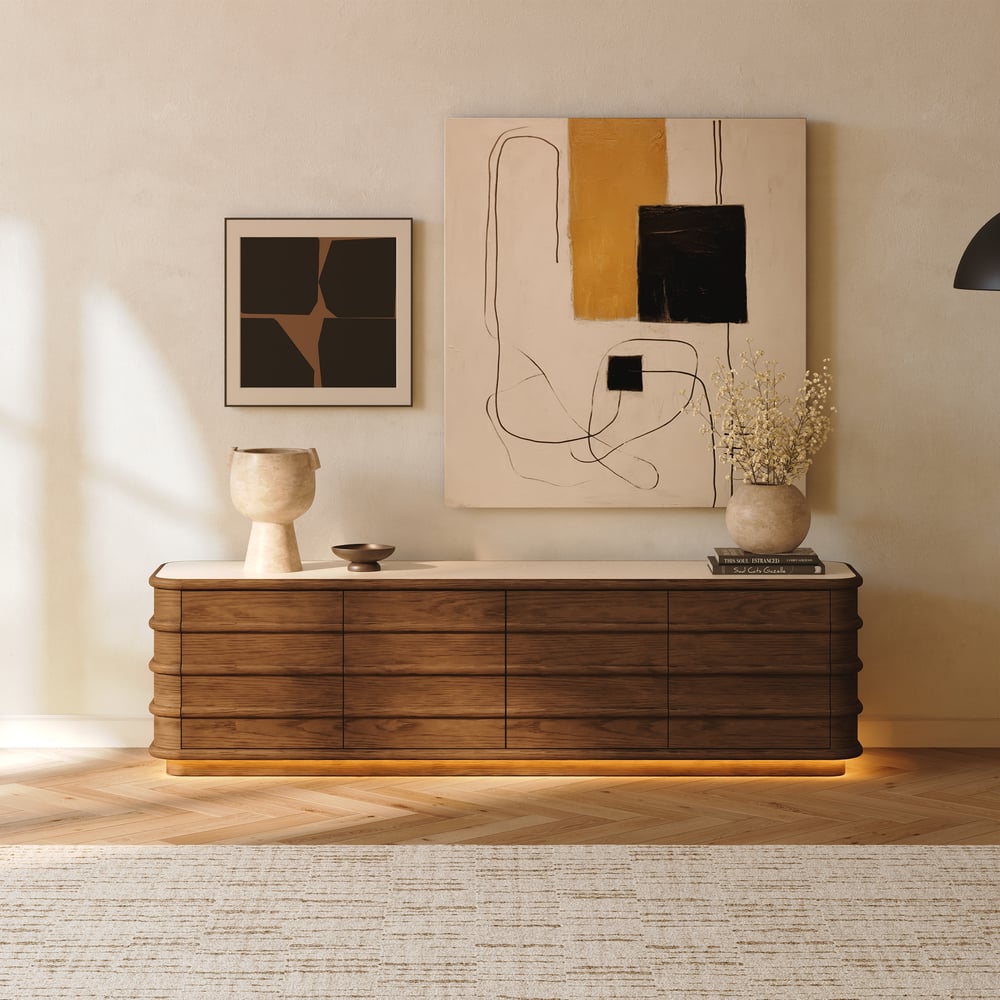 Ash Wood Walnut TV Stand - LED light detail